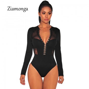 Mesh Long Sleeve Bodysuit 2019 Newest Style Sexy Short Jumpsuit And Rompers For Women Mesh Patchwork